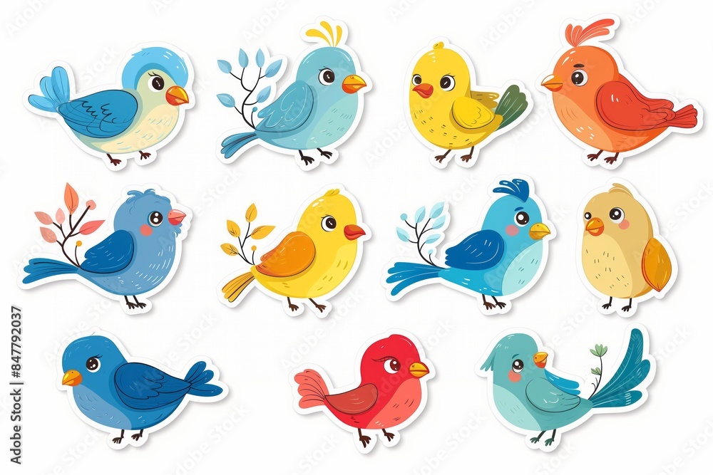 Fototapeta premium Colorful cartoon birds collection on white background.