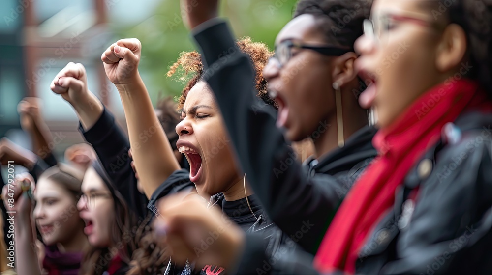 Fototapeta premium Empowerment, unity, strength, diverse people, activism, raised fists, shouting, determination, solidarity, passion, protest, together, focus, crowd energy, collective voices