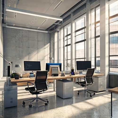 Modern minimalist office interior with desks chairs with corporate spaces © SUMON