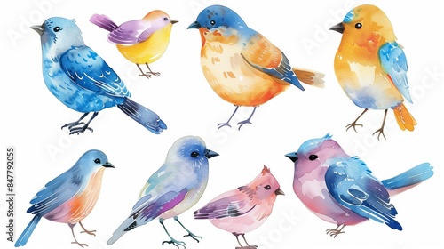 Colorful watercolor birds isolated on white background. © Premium_art