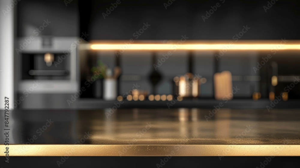 Elegant marble kitchen island or kitchen countertop and space to copy your product against a blurred modern kitchen space. 3D rendering Elegant marble kitchen island or kitchen countertop and space to copy your product against a blurred modern kitchen space. 3D rendering