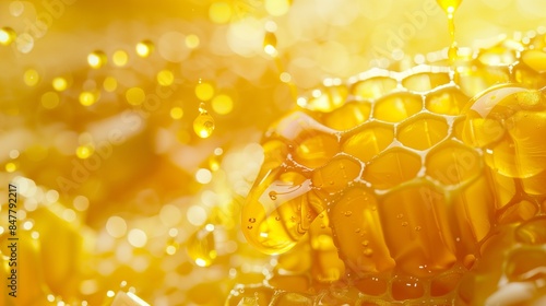 Close-up of honeycomb with honey drops, golden color background