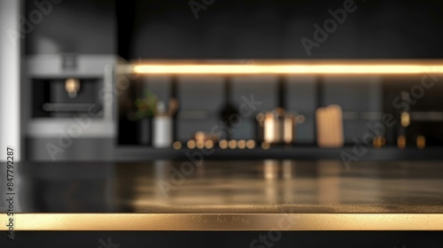 Elegant marble kitchen island or kitchen countertop and space to copy your product against a blurred modern kitchen space. 3D rendering