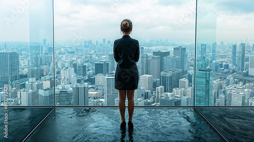 business woman stands on platform overlooking San Francisco cityscape