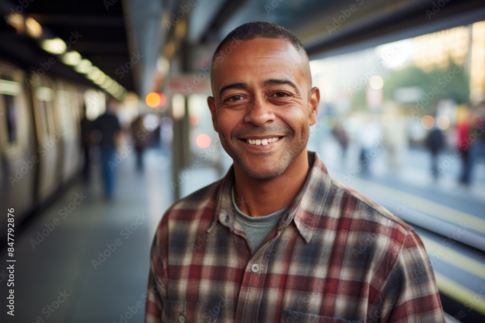 Portrait of a smiling man in his 40s dressed in a relaxed flannel shirt in bustling city subway background Portrait of a smiling man in his 40s dressed in a relaxed flannel shirt in bustling city subway background