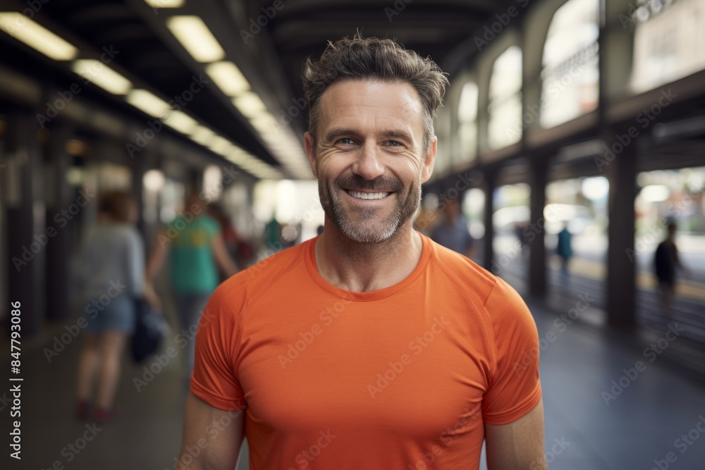 Portrait of a smiling man in his 40s wearing a moisture-wicking running shirt isolated in bustling city subway background Portrait of a smiling man in his 40s wearing a moisture-wicking running shirt isolated in bustling city subway background