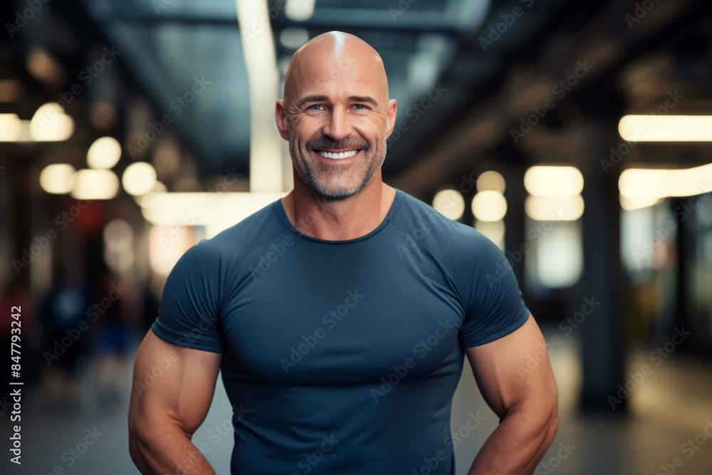 Portrait of a smiling man in his 40s wearing a moisture-wicking running shirt over bustling city subway background Portrait of a smiling man in his 40s wearing a moisture-wicking running shirt over bustling city subway background