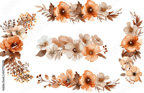 Brown and orange floral bouquet collection with watercolor