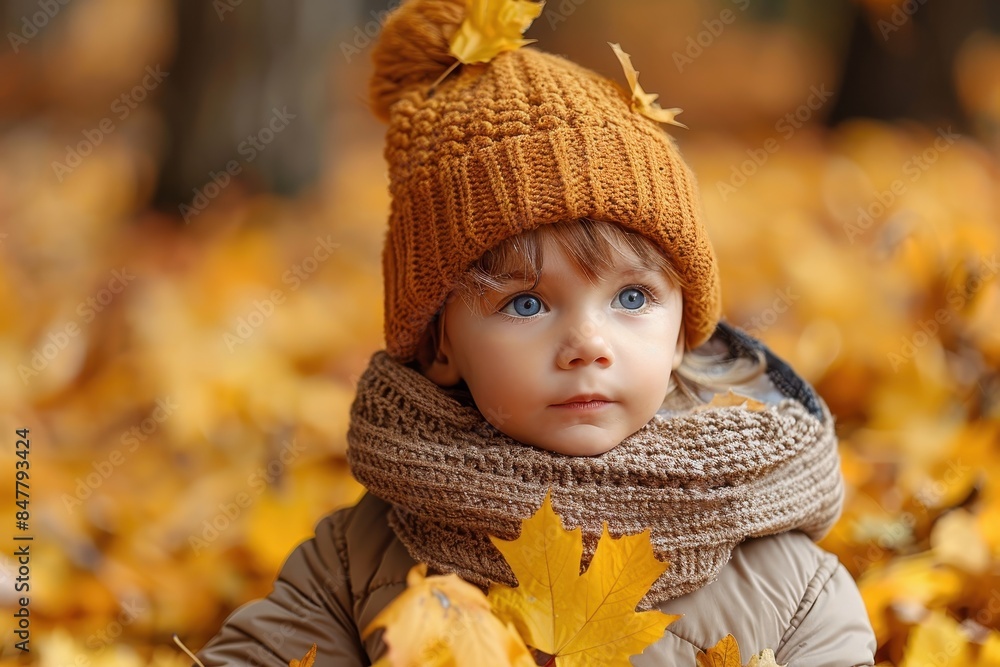 A young child with large blue eyes and a knit hat appears tranquil among autumn's golden leaves A young child with large blue eyes and a knit hat appears tranquil among autumn's golden leaves