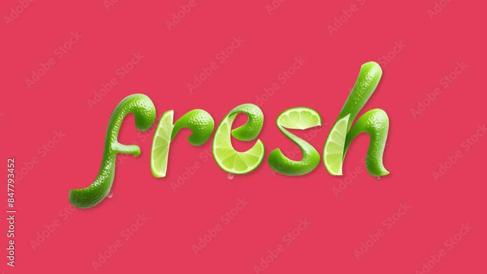Animated text making the word 'Fresh' from Lime Fruits. On Vibrant Pink Background. Animated text making the word 'Fresh' from Lime Fruits. On Vibrant Pink Background.