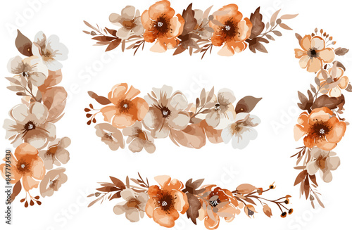 Brown and orange floral bouquet collection with watercolor