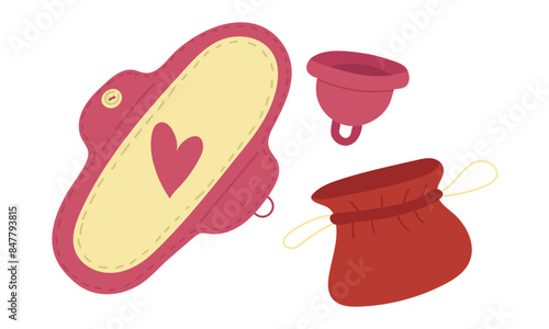 An eco-friendly set of reusable menstruation products - a fabric gasket and a menstrual cup complete with packaging. Feminine hygiene products, a comfortable approach to menstruation. Collection