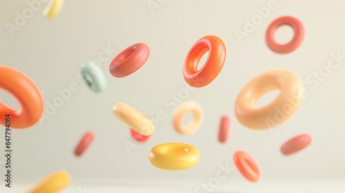 Fototapeta Naklejka Na Ścianę i Meble -  Floating pastel torus shapes on beige background 3d rendering image. Abstract whimsical composition wallpaper art colorful realistic. Abstraction concept idea, conceptual photo
