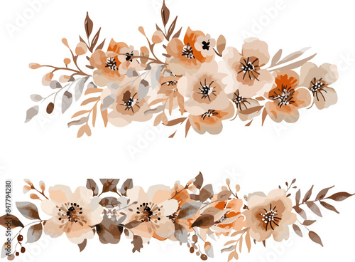 Brown and orange floral bouquet collection with watercolor
