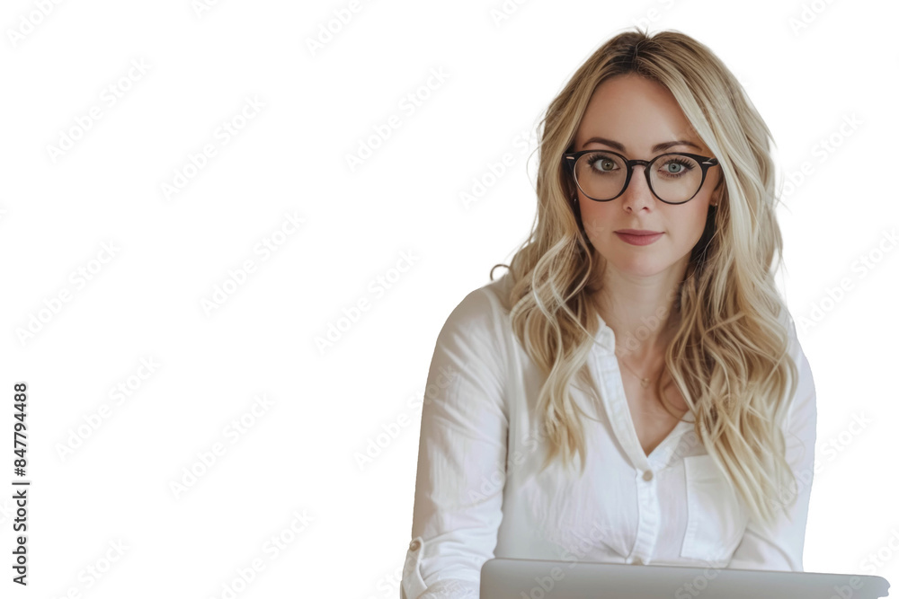 Isolated Young Blonde Woman With Glasses Working On Laptop Against A Transparent Background Isolated Young Blonde Woman With Glasses Working On Laptop Against A Transparent Background