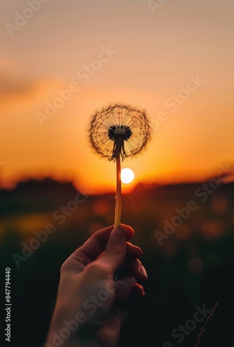 Sunset dandelion silhouette, hand holding dandelion at sunset, nature photography sunset, golden hour dandelion photo