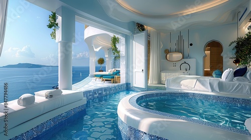 Luxury Seaside View, Indoor Pool, Scenic Ocean Vista, Elegant Architecture, Serene Relaxation, Modern Design, Coastal Retreat, Bright Open Space
