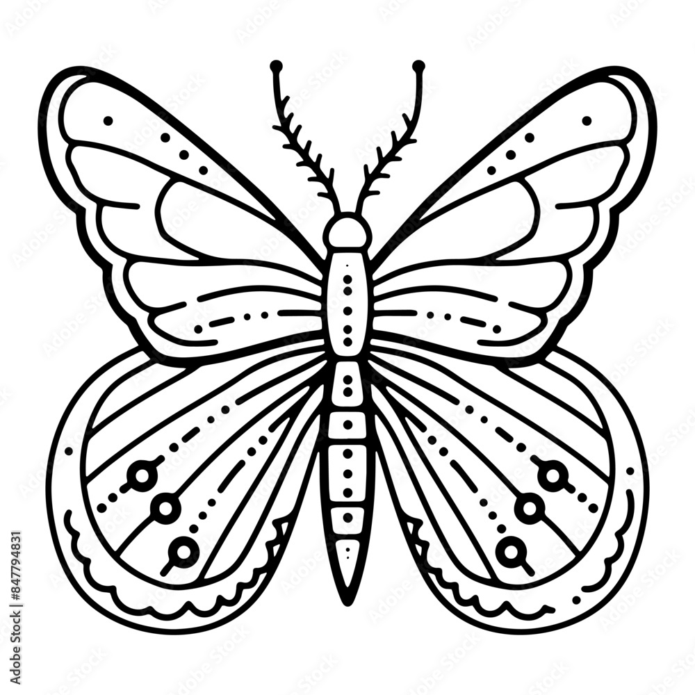 A simple line drawing of a butterfly coloring page with a white background and bold black lines on paper. A simple line drawing of a butterfly coloring page with a white background and bold black lines on paper.