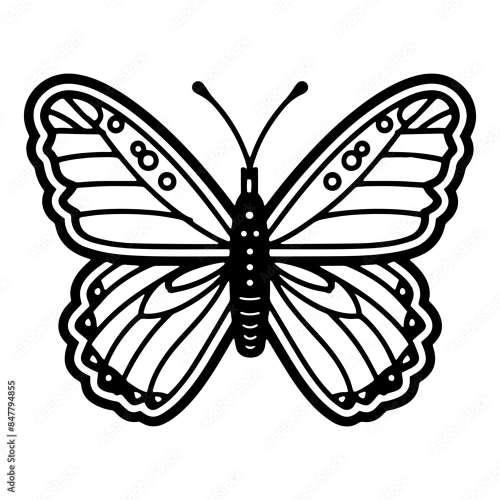 A simple line drawing of a butterfly coloring page with a white background and bold black lines on paper. A simple line drawing of a butterfly coloring page with a white background and bold black lines on paper.