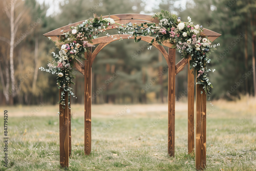 Fototapeta premium Rustic wooden wedding arch adorned with retro garland and flowers, perfect for a romantic wedding ceremony for newlyweds.