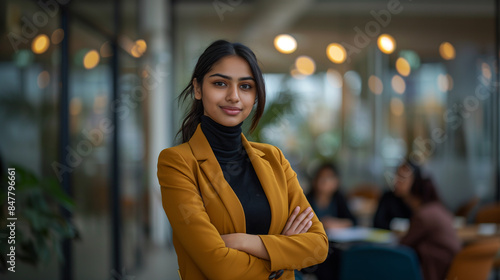 Modern Indian female manager in a black turtleneck stands confidently in a modern office, reflecting professionalism and stylish leadership.