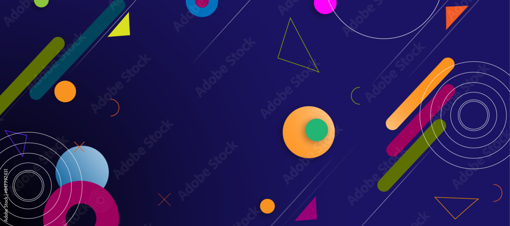 Fototapeta premium Vector Colorful tech web banner with geometric shapes backdrop and gradient colors. For website, banners, brochure, posters, flyer, card, and cover