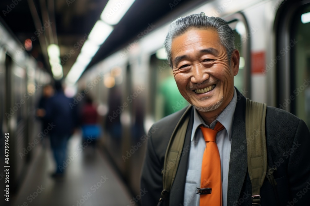 Portrait of a jovial asian man in his 60s dressed in a polished vest in bustling city subway background Portrait of a jovial asian man in his 60s dressed in a polished vest in bustling city subway background