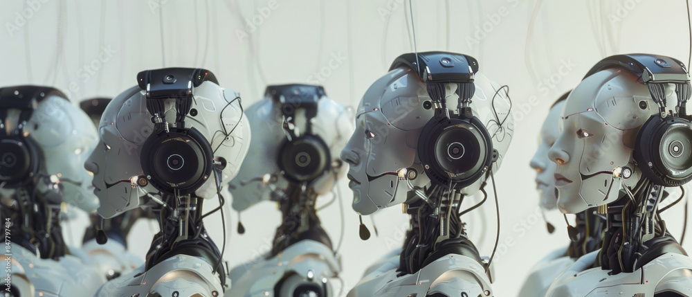 Rows of futuristic robots with sleek designs and headsets, highlighting ...