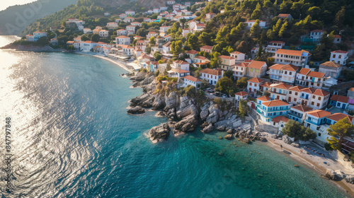 Aerial view of Mediterranean coastline with picturesque village