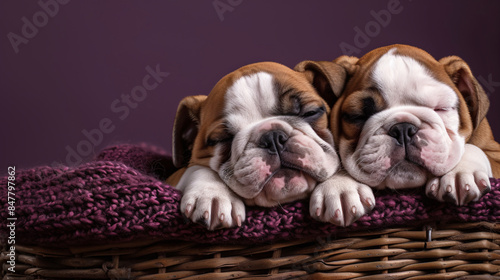 A pair of adorable bulldog puppies snuggled together against a backdrop of rich purple © Pattra