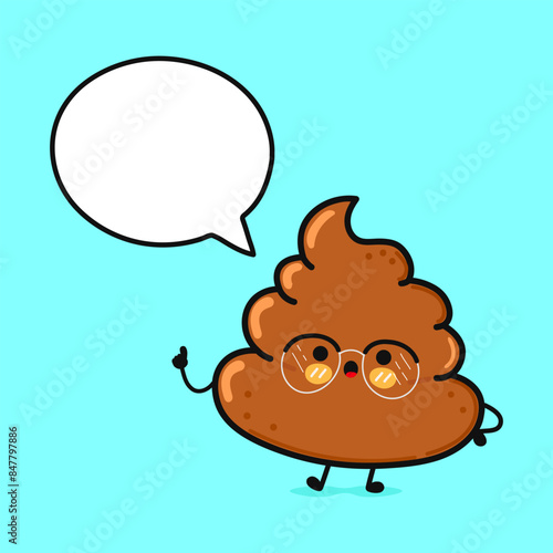 Turd with speech bubble. Vector hand drawn cartoon kawaii character illustration icon. Isolated on blue background. Chocolate Turd character concept