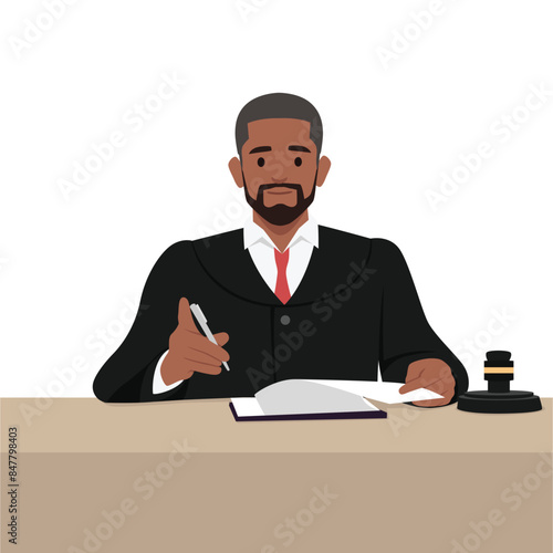 Male judge working at his desk in court. Flat vector illustration isolated on white background