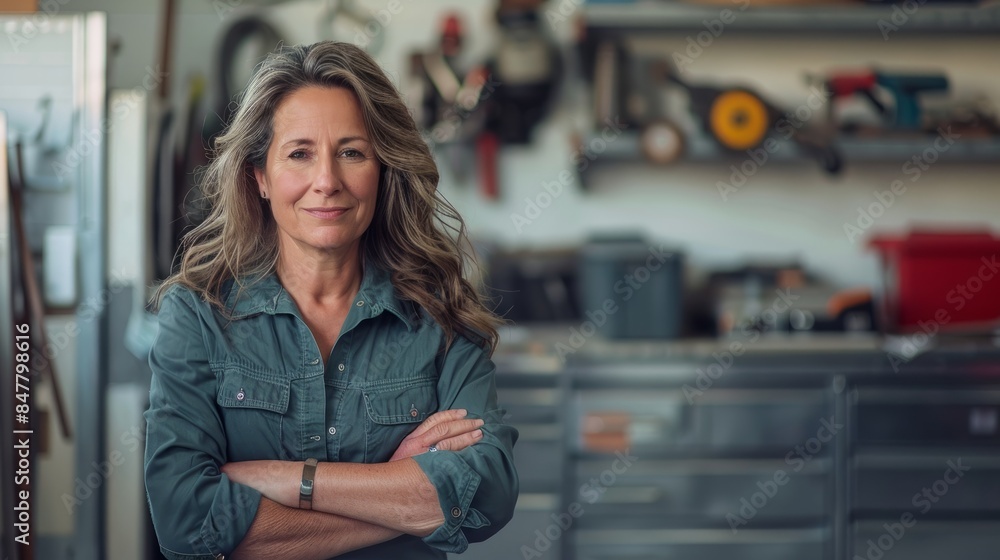 A female auto mechanic, smiling confidently, leans against a toolbox in her garage A female auto mechanic, smiling confidently, leans against a toolbox in her garage
