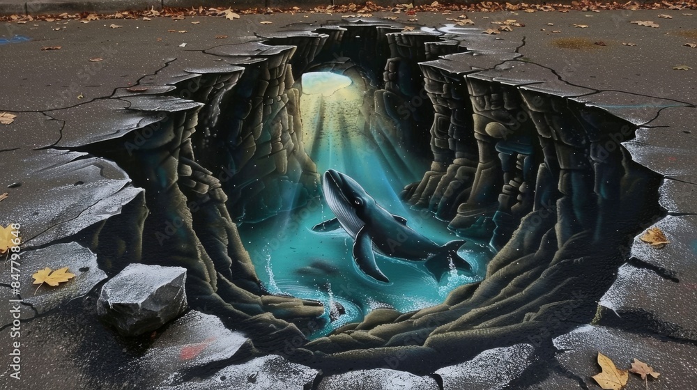 Obraz premium 3D street art mural on a pavement, depicting a realistic underwater scene with a whale swimming in a deep, sunlit ocean cave, creating a captivating illusion.