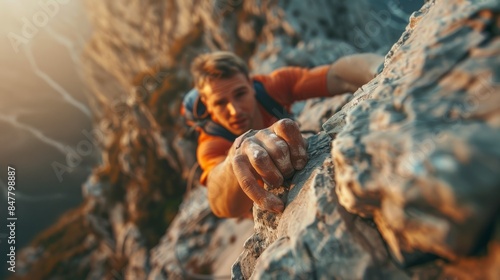 A close-up photo of a climbers hand gripping a rocky ledge during a mountain ascent. The climbers teammate can be seen reaching out in the background