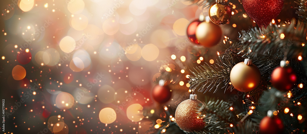 Festive Christmas tree adorned with baubles and surrounded by blurred shiny lights, capturing the holiday spirit and warmth. Festive Christmas tree adorned with baubles and surrounded by blurred shiny lights, capturing the holiday spirit and warmth.