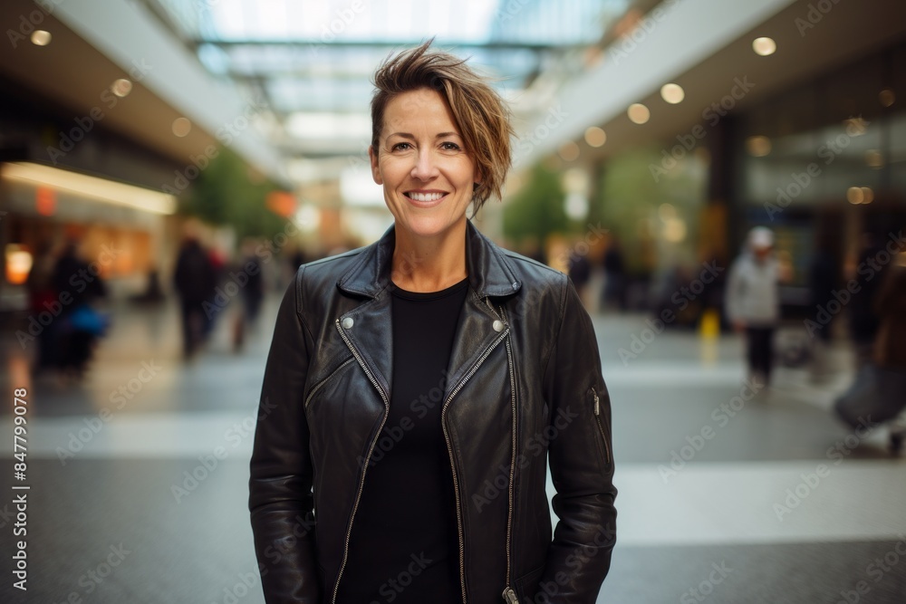 Fototapeta premium Portrait of a happy woman in her 40s sporting a classic leather jacket over vibrant shopping mall background