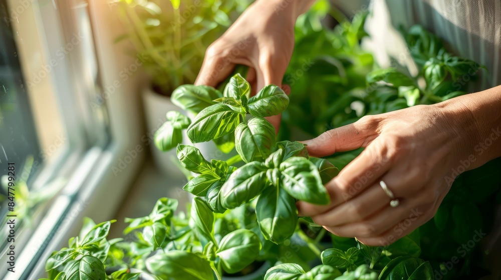 A womans hands gently care for a variety of potted herbs growing on a sunny kitchen windowsill A womans hands gently care for a variety of potted herbs growing on a sunny kitchen windowsill