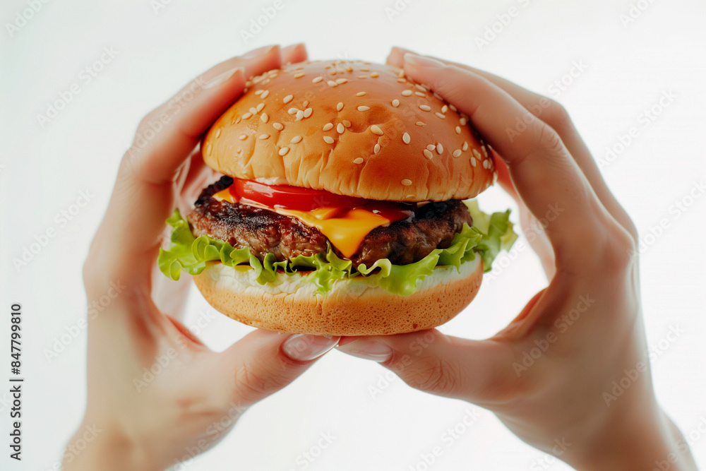 Close-up of a females hands holding a cheeseburger isolated on a white background Close-up of a females hands holding a cheeseburger isolated on a white background