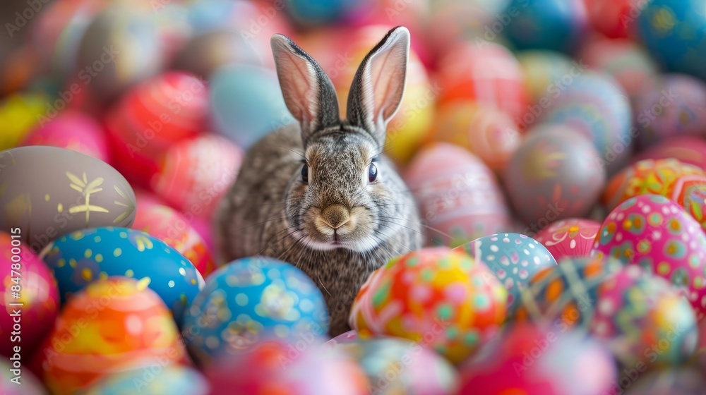 Close-up photo of Easter Bunny, a grey rabbit with long ears, surrounded by brightly colored Easter eggs, creating a festive scene Close-up photo of Easter Bunny, a grey rabbit with long ears, surrounded by brightly colored Easter eggs, creating a festive scene