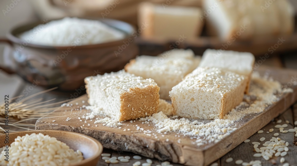 A picture of bread made from rice flour white rice rice kernels and a cup of coffee A picture of bread made from rice flour white rice rice kernels and a cup of coffee