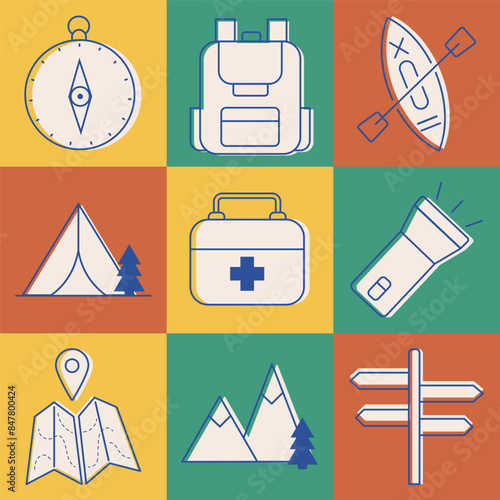Travel icons, camping, road trip vector elements background. Journey, vacation, active tourism background, pattern. For travel guide, active tourists, poster. Set of touristic traveling items.