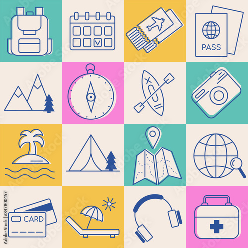 Travel supplies icons for summer journey, beach vacation, outdoor base camp. Road trip, camping, active tourism element collection. For poster, pattern, card, banner, trip provider, tour office.