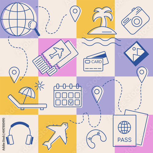 Traveling pattern, summer beach vacation collection, vector elements. Active tourism poster, travel icons. For journey, trip provides, banner, card. Vacation background, travel guide, trip appliance.