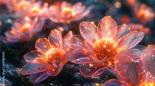 A captivating 3D scene with crystal-like flowers blooming in vibrant colors against a swirling nebula background.