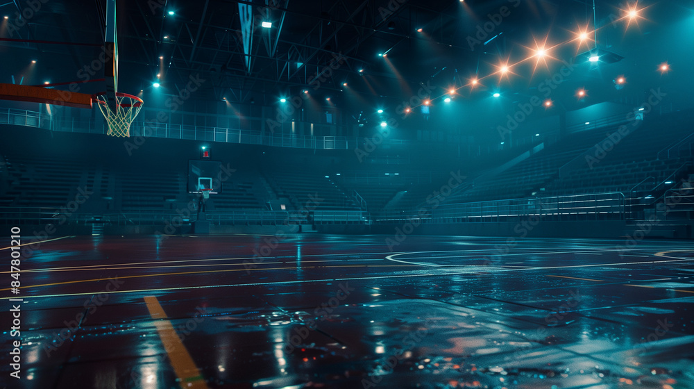 Empty basketball arena with dramatic lighting, view from free throw line facing the goal, highlighting the perfect setting for a slam dunk or jump shot.