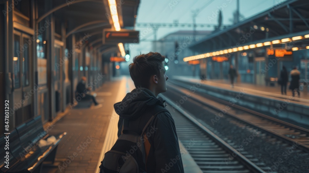 A young man, dressed in a hooded jacket, stands alone on a train platform, gazing intently at the tracks ahead. The platform is empty, save for a few blurred figures in the distance A young man, dressed in a hooded jacket, stands alone on a train platform, gazing intently at the tracks ahead. The platform is empty, save for a few blurred figures in the distance
