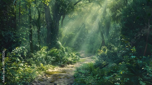 A wide-angle photo capturing a winding path through a dense, mystical forest, bathed in warm sunlight