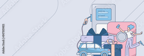 Vector Internet operation hand-drawn illustration of people getting discounts for refueling their cars

