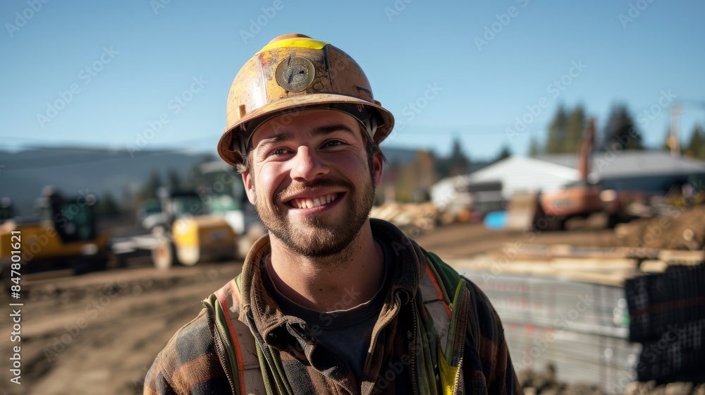 A road construction worker wearing a yellow hard hat smiles at the camera on a sunny day at a construction site A road construction worker wearing a yellow hard hat smiles at the camera on a sunny day at a construction site